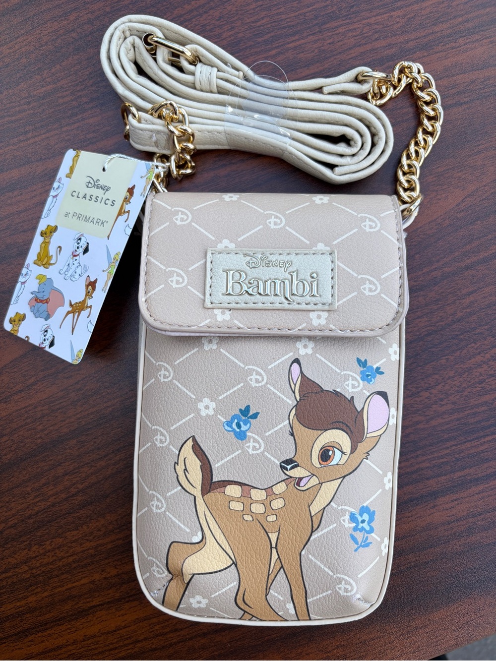 Disney Primark Bambi Mini Crossbody Phone Bag Purse Beige Gold Chain NWT
